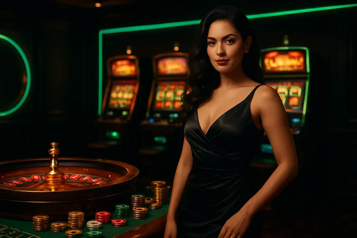Confident woman in evening dress near roulette and slot machines with neon green and gold accents in a luxury Bangladeshi casino
