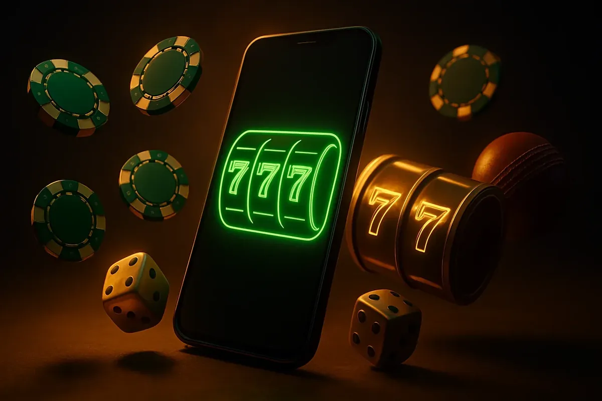 Glowing smartphone with casino chips, slot reels, dice, and cricket ball on dark luxurious background
